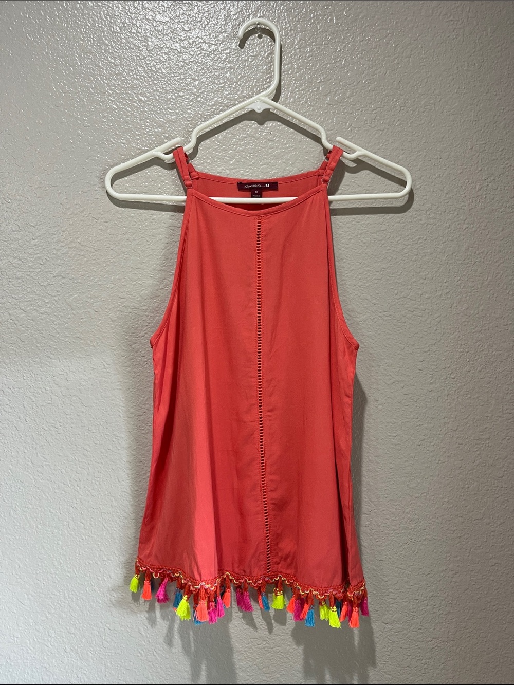 Sievercute Coral Halter Tank Neon Multi Color Tassel Hem Sz M Boho Lightweight